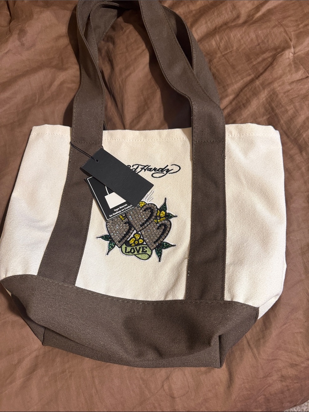 Ed Hardy Cream and Brown Canvas Tote with Embroidered Love Heart